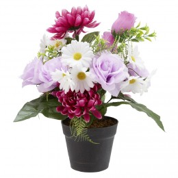 Pot chrysanthème+rose+pâquerette H40 cm violet - Fleur artificielle 14 têtes