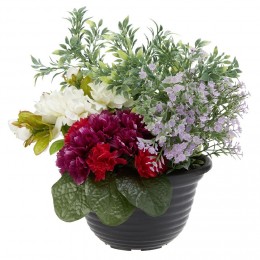 Pot de fleurs articielles azalée violettes pensée et sapin violet blanc