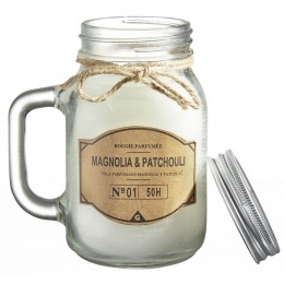 Bougie blanche dans mug en verre avec couvercle - Senteur magnolia patchouli