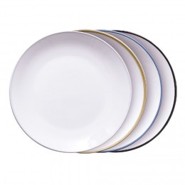 Assiette plate ronde porcelaine blanche avec liseré coloré x4