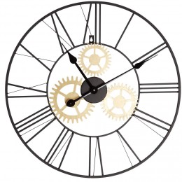 Horloge ronde chiffre romain engrenage métal ajouré noir et doré