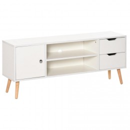 Meuble TV banc TV style scandinave placard 2 niches 2 tiroirs passe-fils panneaux particules blanc bois pin
