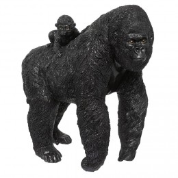 Gorille avec son bébé sur le dos en résine noir H34cm