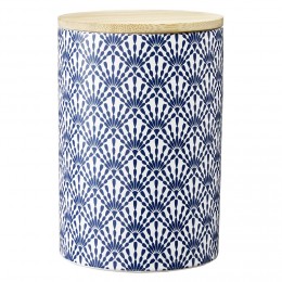Pot en céramique à motif bleu avec couvercle en bois H14 cm
