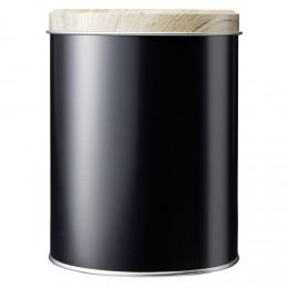 Boîte ronde en métal noir avec couvercle effet bois