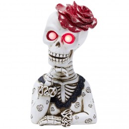 Squelette lady Halloween LED polyrésine noir et blanc avec rose rouge