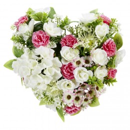 Coussin de fleurs forme cœur - Fleurs artificielles variées - Blanc