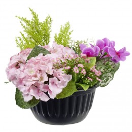 Pot de mini rose cyclamen et fougère artificiel rose et violet H33cm