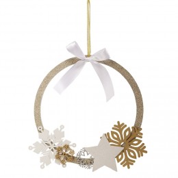 Couronne de Noël en bois étoile flocon pailleté doré et blanc Ø28cm
