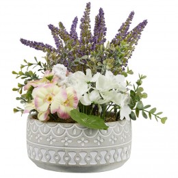 Pot ciment lavande et fleur artificielle blanche Ø18xH33cm