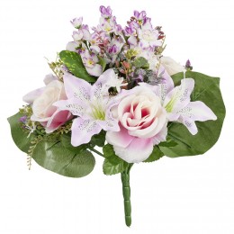 Piquet de rose et lys blanc violet bouquet fleur artificielle H37cm