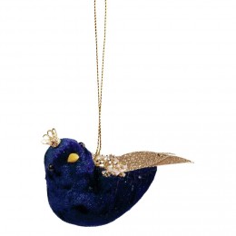 Suspension Noël oiseau velours bleu et doré H.7 cm