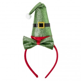Serre tête avec nœud et chapeau Père Noël vert pailleté