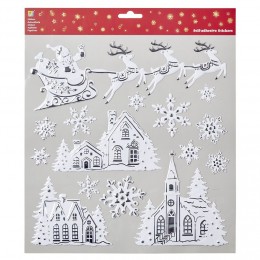 Décoration stickers de Noël motif 3D village et Père Noël blanc argent