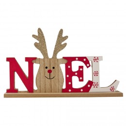 Déco à poser mot NOEL en bois design renne rouge blanc naturel H15 cm