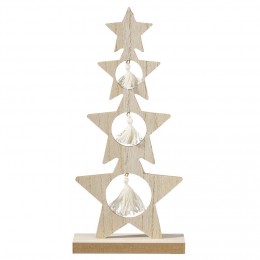 Sapin bois à poser étoiles avec suspensions pompons blancs H26cm