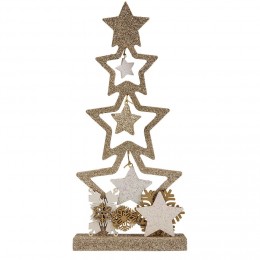 Sapin bois à poser décor étoiles doré pailleté H26cm