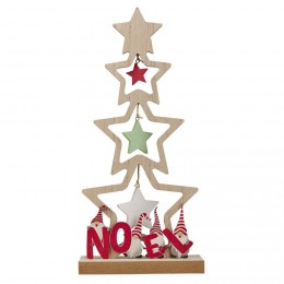 Sapin à poser en bois décor traditionnel NOEL étoile et gnome H26 cm