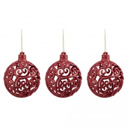 Boule de Noël ajourée motif arabesque pailleté rouge Ø8 cm x3