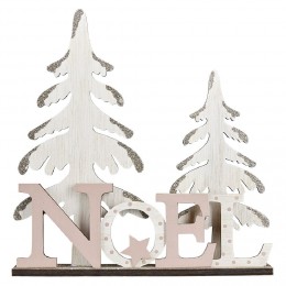 Déco à poser en bois mot Noël avec décor sapin rose et doré H23,5cm