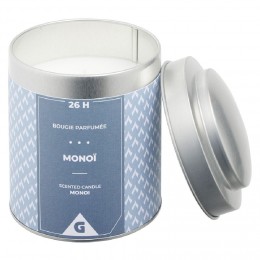 Bougie parfumée dans pot métal gris et bleu senteur monoï 26H