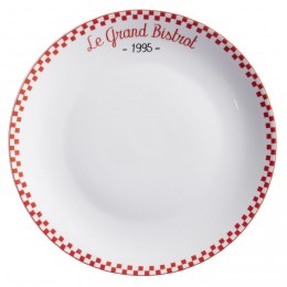 Assiette plate ronde Le grand bistrot contour damier rouge blanc