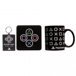 Coffret cadeau Playstation mug sous-verre porte-clé noir et blanc 3pcs
