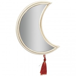 Miroir rotin forme lune avec pompon 23x18cm