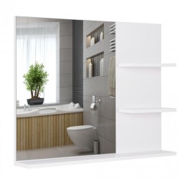 Miroir de salle de bain avec étagères - 2 étagères latérales + grande étagère inférieure - kit installation fourni - MDF blanc