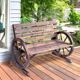 Banc de jardin 3 places style rustique chic accoudoirs roues charette bois sapin traité carbonisation