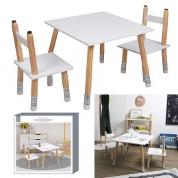 Table avec chaise x2 bois pieds forme crayon naturel et blanc 34x30xH51cm