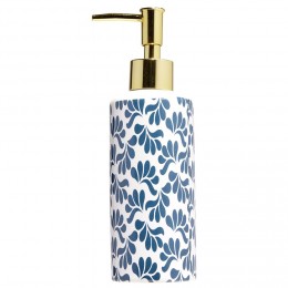 Distributeur de savon céramique motif végétal blanc et bleu Ø6xH15cm