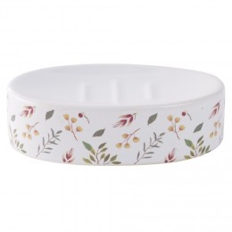 Porte-savon céramique motif floral blanc et rose 13x8,5xH3cm