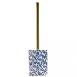 Brosse WC manche doré socle grès motif floral bleu et blanc Ø9,2xH36cm