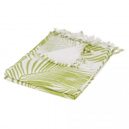 Plaid à franges vert motif feuillage blanc 125x150cm