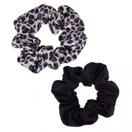 Chouchou motif léopard blanc/marron et uni noir Ø10cm x2