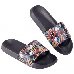 Sandales claquettes plastique noir motif feuillage multicolore 36/37