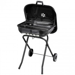 Barbecue à charbon pliable BBQ grill sur pied avec couvercle et roulettes  dim. 57L x 70l x 86H cm acier émaillé noir