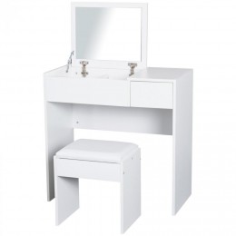 Coiffeuse table de maquillage design contemporain 80L x 40l x 79H cm miroir escamotable, tiroir, coffre + tabouret blanc