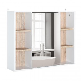Miroir de salle de bain avec placard et étagères - 4 étagères latérales + 2 étagères intérieures - MDF panneaux particules blanc chêne clair