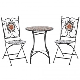Ensemble bistro 2 places 3 pièces style fer forgé mosaà¯que céramique motif rose des vents chaises pliables métal époxy noir