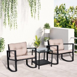 Ensemble de jardin 3 pièces style colonial 2 fauteuils à bascule avec coussins marron table basse étagère métal époxy résine tressée 4 fils noir