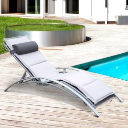 Bain de soleil transat design contemporain inclinable multi-positions avec matelas et tétière dim. 170L x 64l x 82H cm alu textilène gris