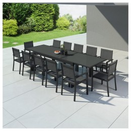 HARA XXL - Table de jardin extensible aluminium 200/320cm  + 12 fauteuils textilène Noir