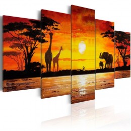Tableau 5 panneaux savane éléphant girafe