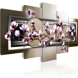 Tableau  5 panneaux magnolias zen violet taupe