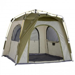Tente de camping familiale 4-5 personnes montage instantanée pop-up 4 fenêtres pare-soleil dim. 2,4L x 2,4l x 1,95H m fibre verre polyester vert gris