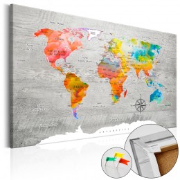 Tableau en liège Carte du monde aquarelle sur bois