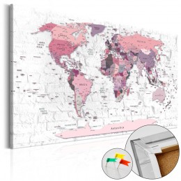Tableau en liège Carte du monde frontières roses
