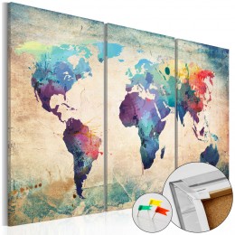 Tableau en liège triptyque Carte du monde effet peinture